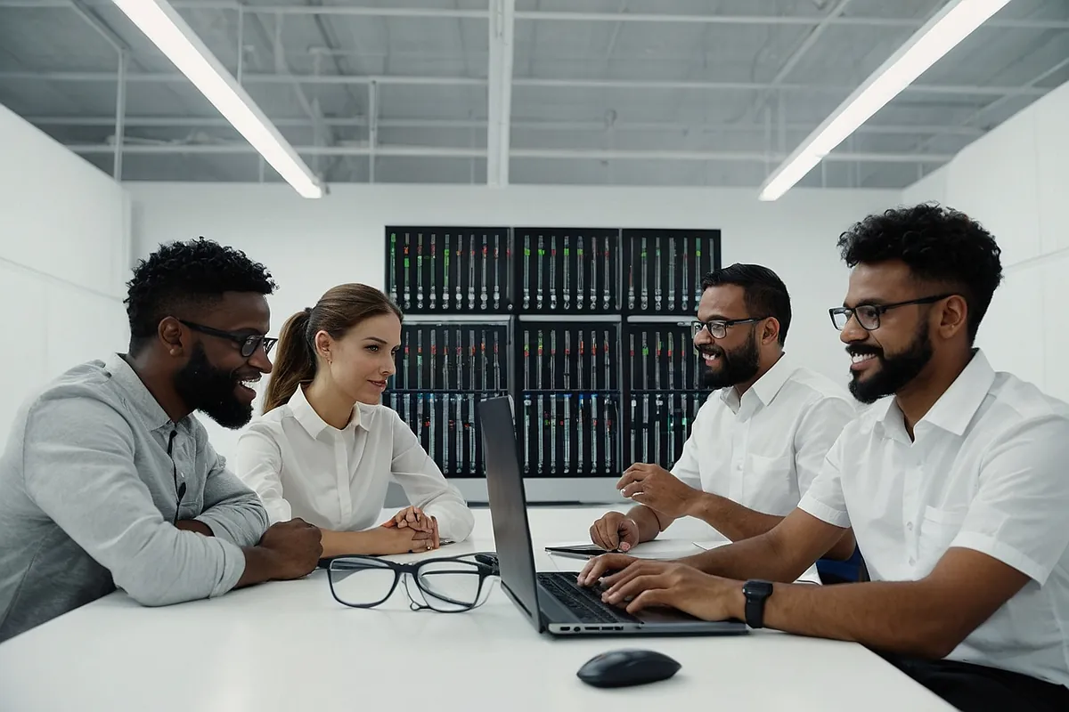 Equipe diversa reunida ao redor de notebook em sala de reunião