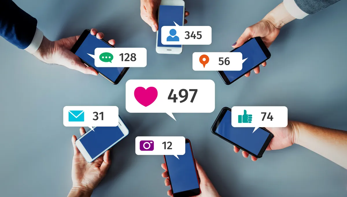 Celulares na mão com ícones de curtidas e mensagens saindo da tela